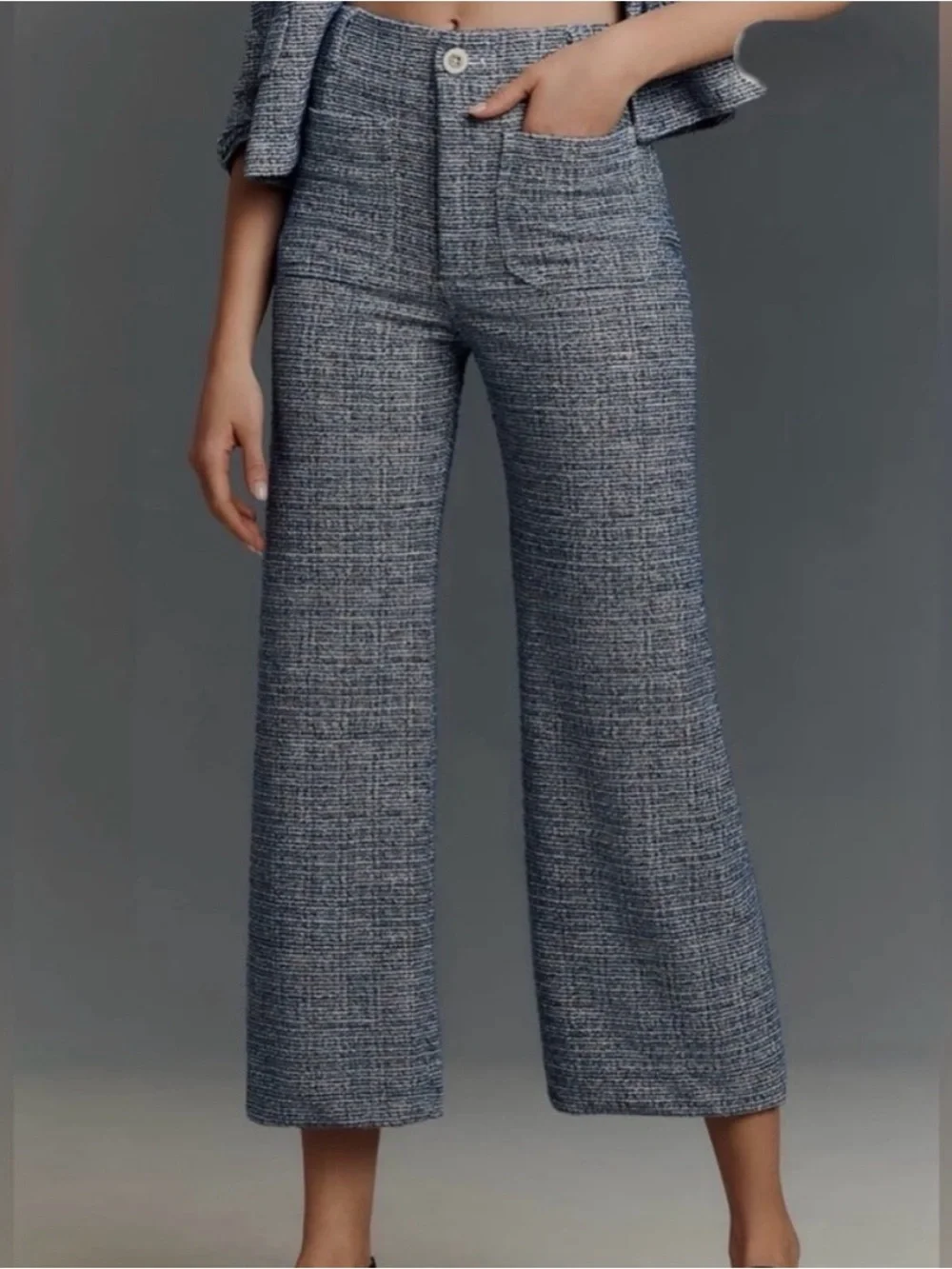 Maeve Blue Tweed Wide-Leg Cropped Pants - Picture 6 of 7
